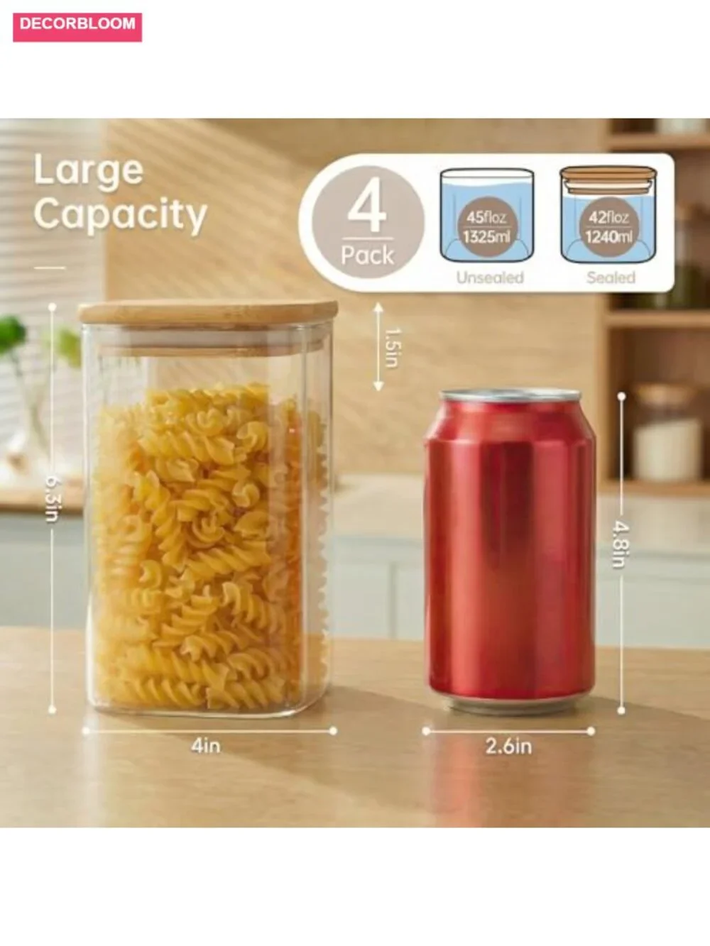 4 Pack 42oz Square Glass Jars with Airtight Bamboo Lids Food Storage